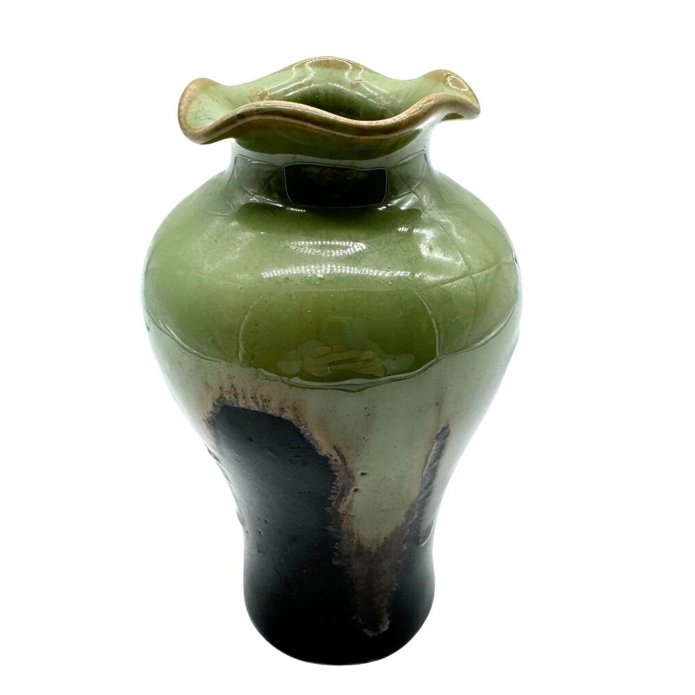 Green Drip Glaze Vase Urn Style Ceramic Studio Pottery 6.25"H X 3.5" W